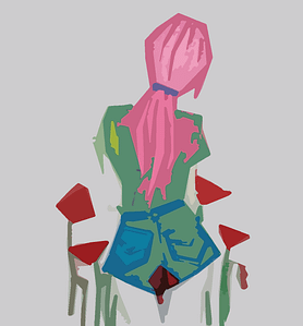 Ilustración de mujer rodeada de flores con manchas de menstruación en el pantalón, simbolizando naturalidad y conexión con el ciclo femenino